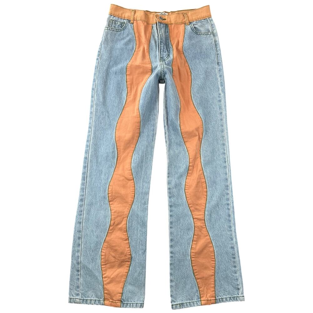 Vintage Y2K Mandinga Wavy Panel Colorblock Jeans Blue Tan 100% Cotton US 30